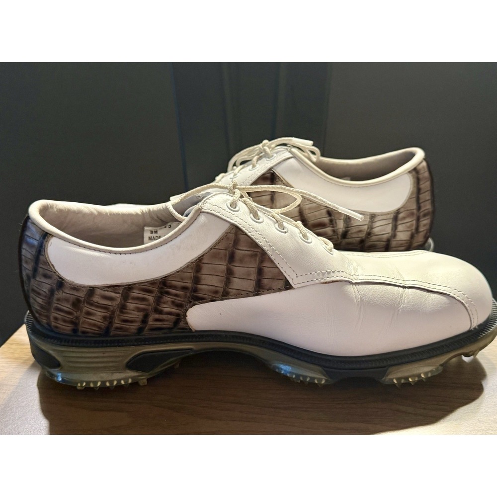 Footjoy FJ Dryjoys Tours Spiked Mens Golf Shoes White Brown Alligator Lizard 8M
